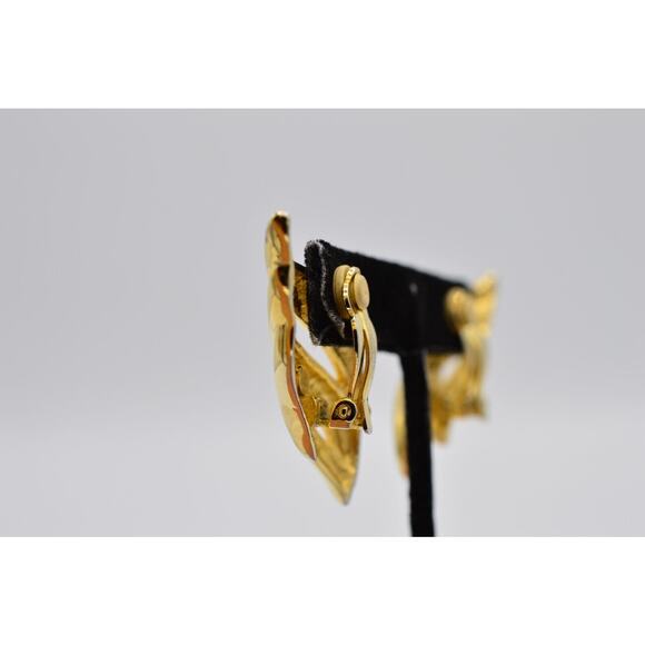 Givenchy Vintage Clip Earrings Shiny Gold Winged Heavy Chunky Signed Runway BinW - Picture 9 of 10